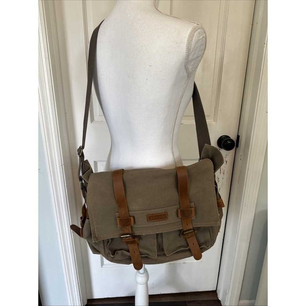 Gearonic Messenger Satchel Bag Greenish Brown Canvas & Brown Leather Trim